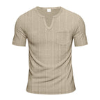 Herren nan Kurzarmshirt mit geschlitztem V-Ausschnitt strukturierter Leinenoptik und aufgesetzter Brusttasche R&B