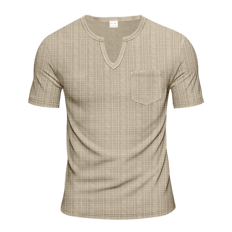 Herren nan Kurzarmshirt mit geschlitztem V-Ausschnitt strukturierter Leinenoptik und aufgesetzter Brusttasche R&B