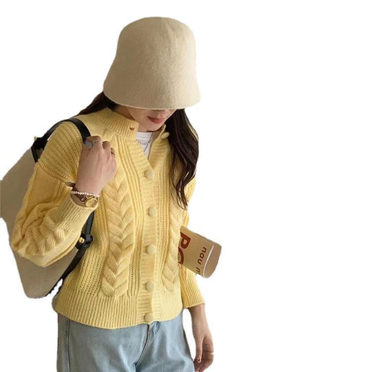 Damen gemütlicher Strickcardigan mit geflochtenem Muster und großen Knöpfen R&B
