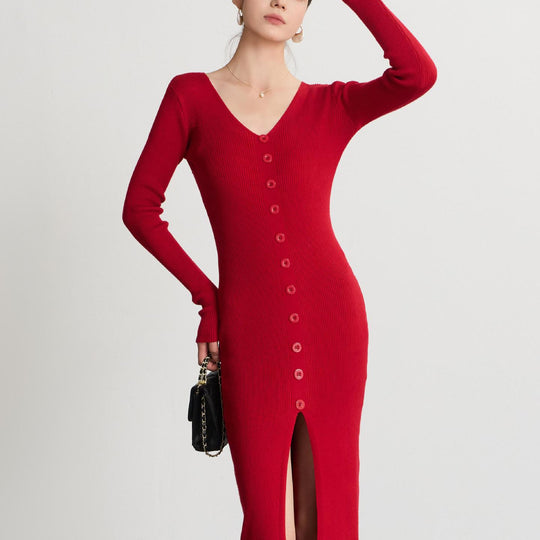 Damen Langärmliges Maxikleid mit Rippstruktur und Knopfdetail R&B