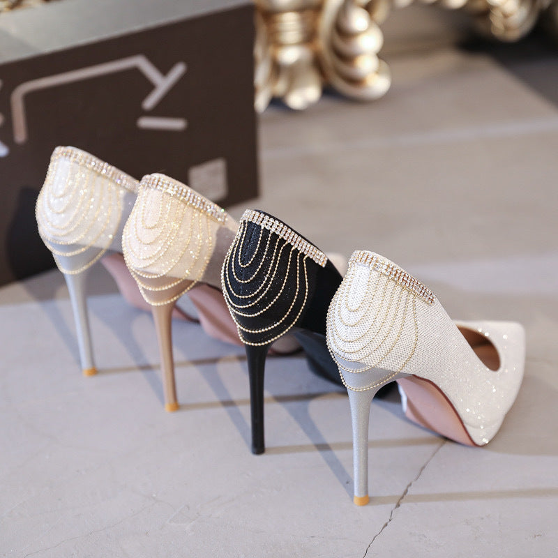 Damen nan elegante Abend-Pumps mit feinem Glitzermesh, spitzer Zehenpartie, filigranem Stilettoabsatz und dekorativer Fersenapplikation R&B