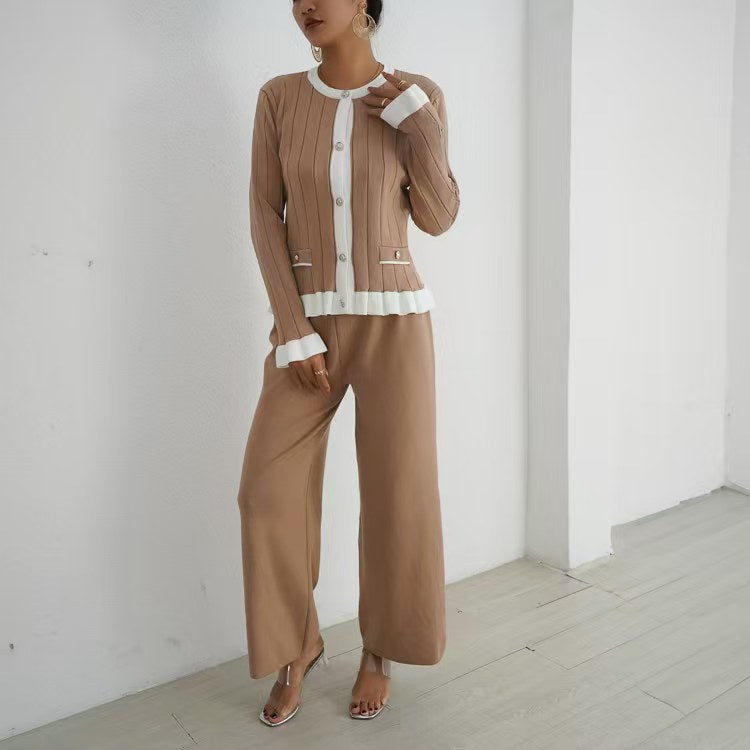 Damen elegantes Strick-Loungewear-Set mit dekorativen Details R&B