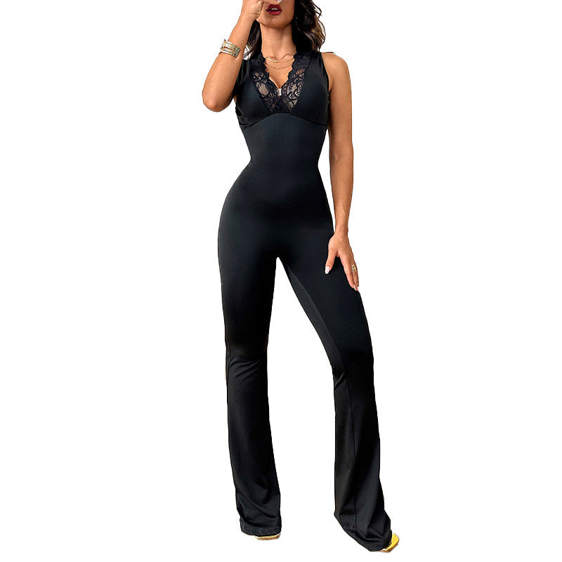 Damen eleganter Jumpsuit mit Spitzenapplikationen R&B