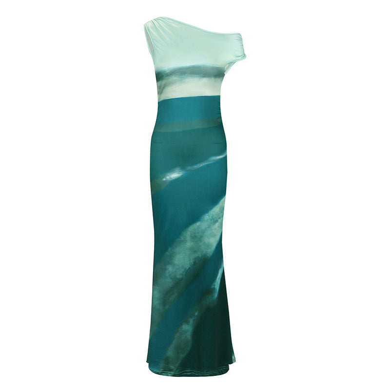 Damen Maxikleid mit asymmetrischem Ausschnitt und fließendem Schnitt R&B