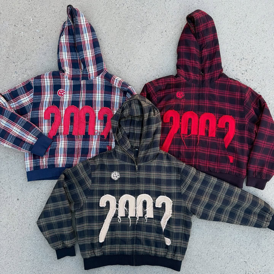 Unisex nan karierter Kapuzenpullover mit fransiger Jahreszahl-Applikation und Rippbündchen R&B
