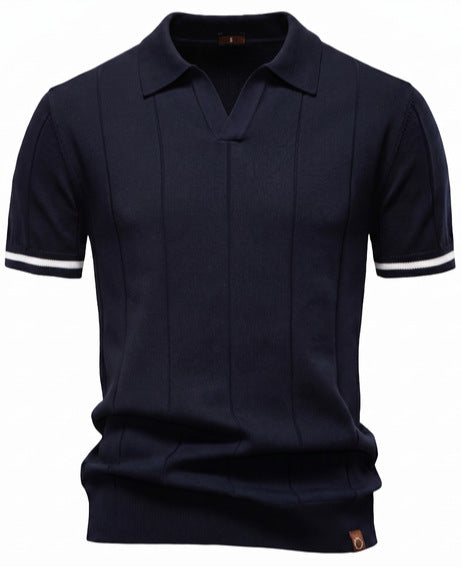 Herren nan strukturiertes Feinstrickpoloshirt mit offenem Reverskragen R&B