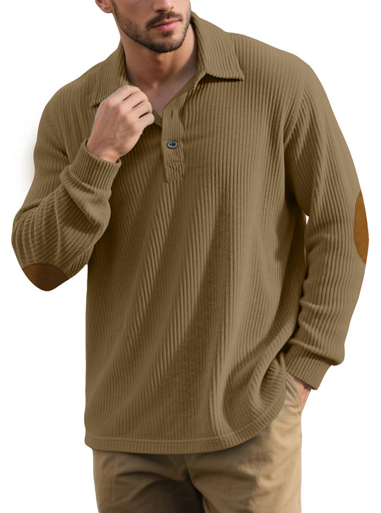 Herren nan gerippter Freizeit-Polo mit Kentkragen, kurzer Knopfleiste und Velours-Ellenbogenpatch R&B