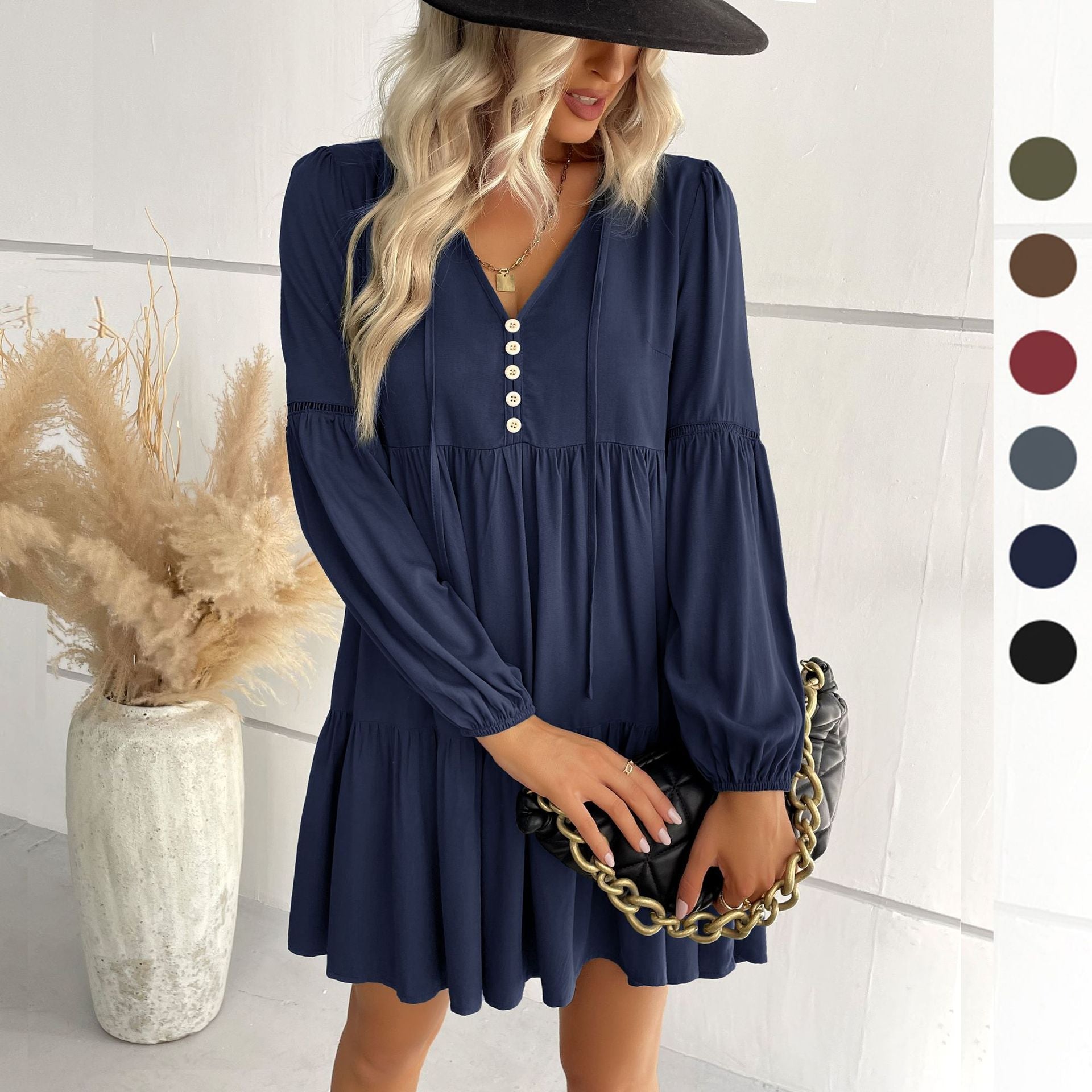 Damen lässiges Tunika-Kleid mit Knopfdetail und Volant-Design R&B