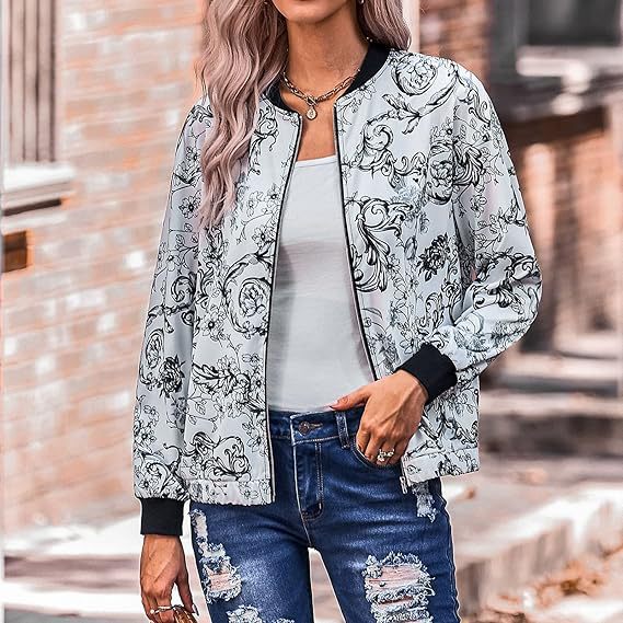 Damen Bomberjacke mit floralen Motiven und elastischen Bündchen R&B