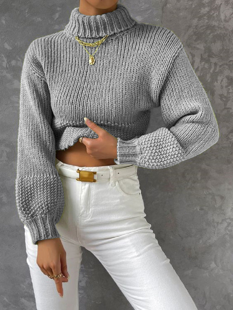 Damen trendiger Pullover mit hoch geschlossenem Kragen und voluminösen Ärmeln R&B