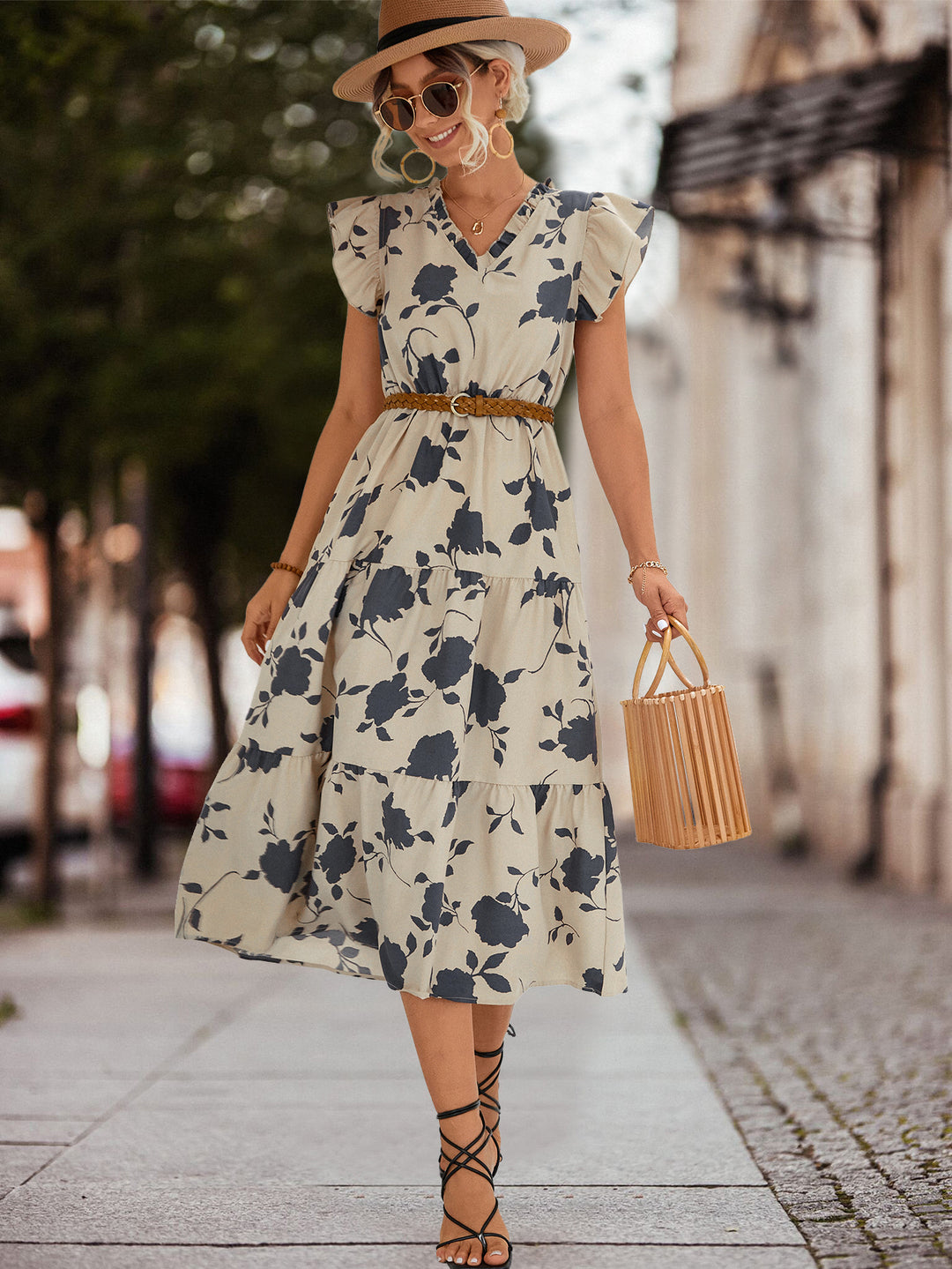 Damen Midi-Kleid mit floralen Rüschendetails und elastischem Taillengürtel R&B