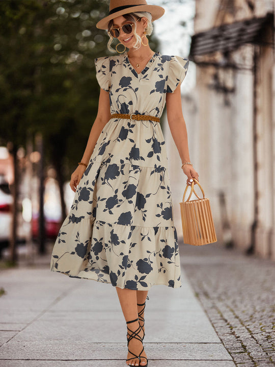 Damen Midi-Kleid mit floralen Rüschendetails und elastischem Taillengürtel R&B