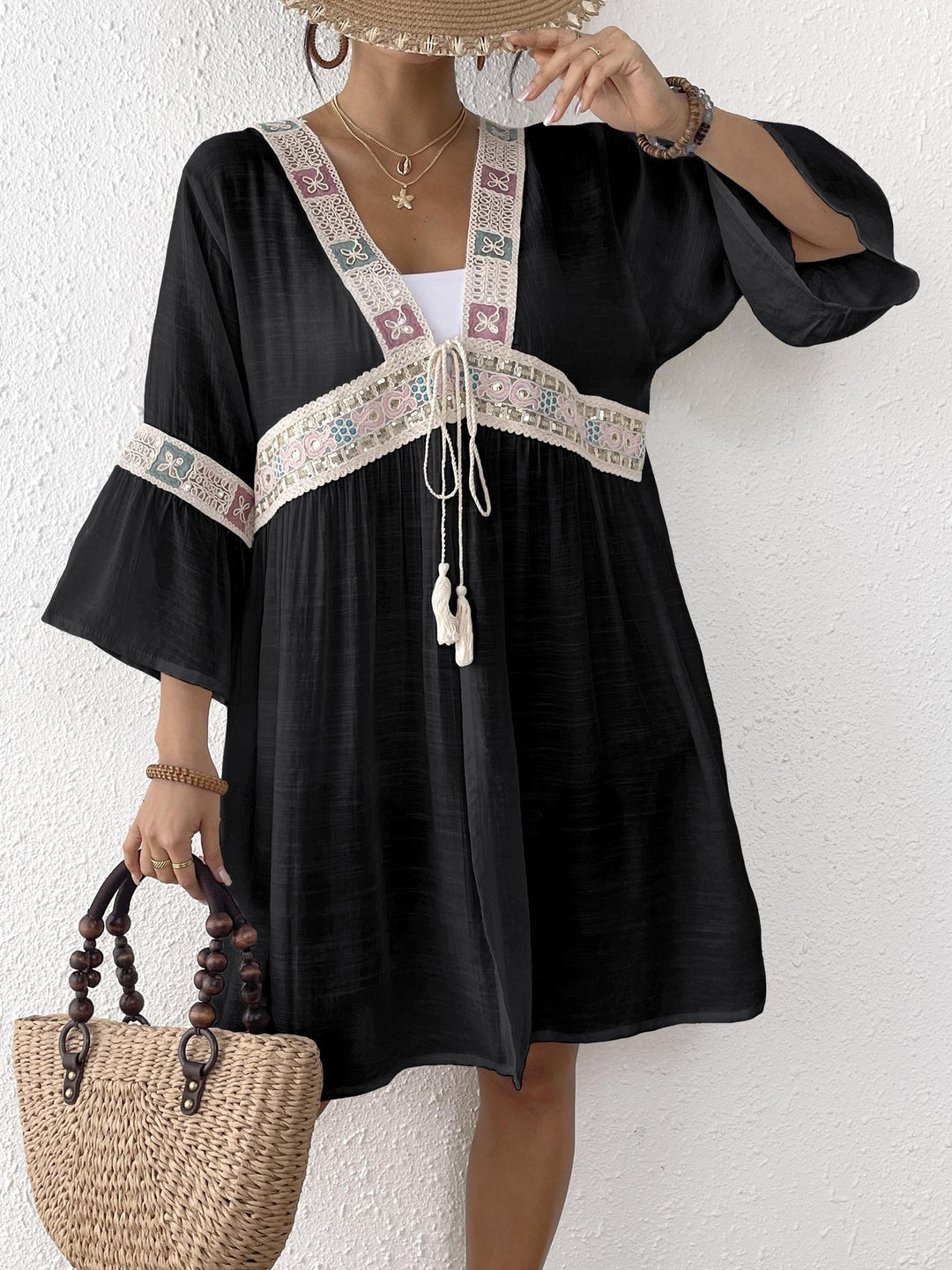 Damen luftiger Strandkimono mit floralen Stickereien R&B