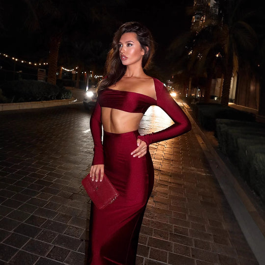 Damen elegantes Two-Piece Set mit figurbetontem Crop-Top und langem Rock R&B