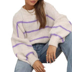 Damen grob gestrickter Pullover mit modernen Streifen und lässigem Schnitt R&B