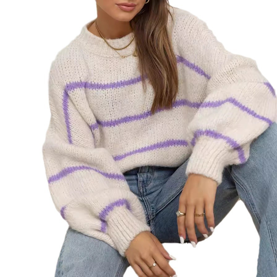 Damen grob gestrickter Pullover mit modernen Streifen und lässigem Schnitt R&B