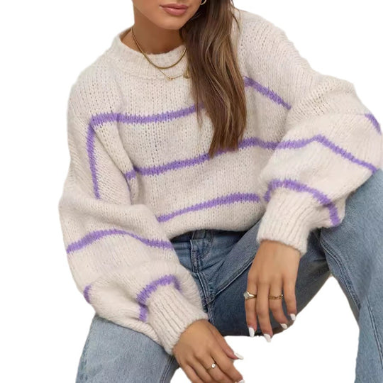 Damen grob gestrickter Pullover mit modernen Streifen und lässigem Schnitt R&B