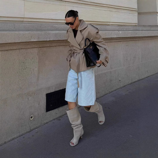 Damen Trenchcoat mit breiten Schultern und Taillengürtel R&B