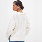 Damen Grobstrickpullover mit romantischem Kragen und praktischen Schnürdetails R&B