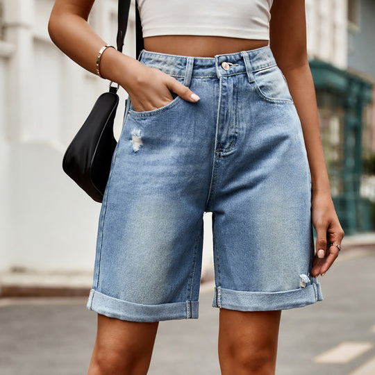 Damen entspannte Denim-Shorts mit umgeschlagenem Saum R&B