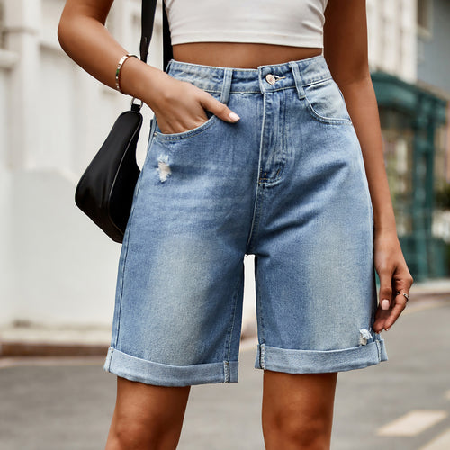 Damen entspannte Denim-Shorts mit umgeschlagenem Saum R&B