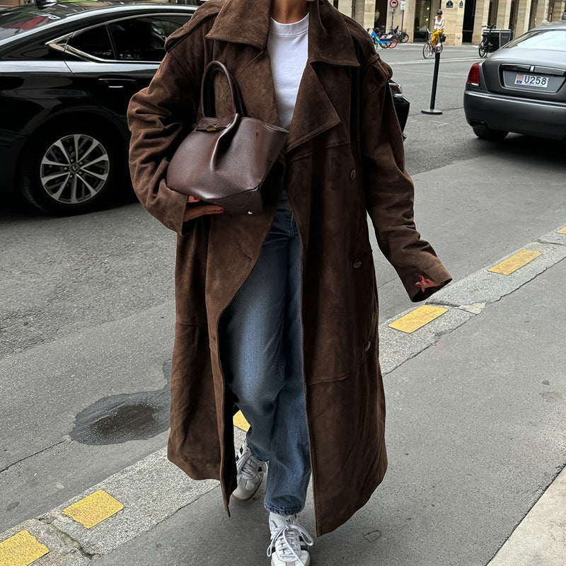 Damen Eleganter Wildleder Trenchcoat mit praktischen Taschen und modernem Schnitt R&B