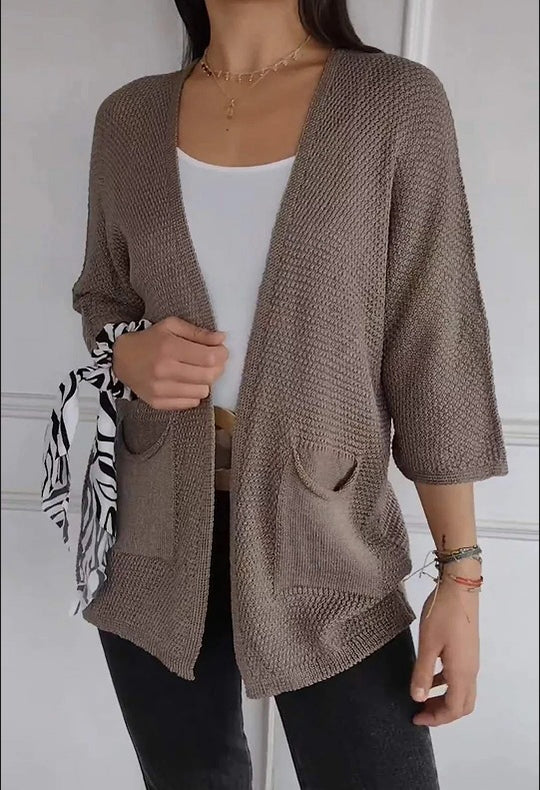 Damen lässige Strickjacke mit offener Vorderseite und praktischen Taschen R&B