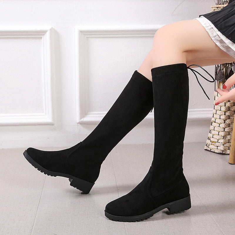 Damen Überknee-Stiefel mit samtiger Oberfläche und verstellbarem Schnürdetail R&B