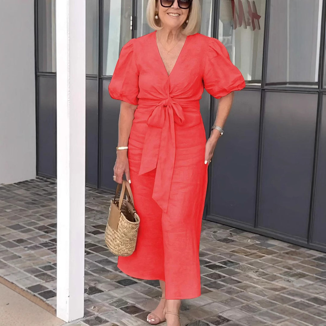 Damen Maxikleid mit eleganten Puffärmeln und Taillenknoten R&B