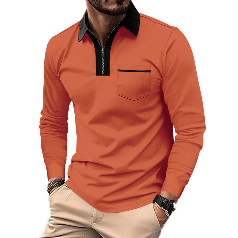 Herren nan elegantes Langarm-Poloshirt mit markantem Stehkragen Metall-Kurzreißverschluss und Brustleistentasche R&B