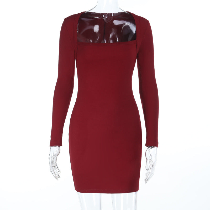 Damen elegantes langärmliges Minikleid mit quadratischem Ausschnitt R&B