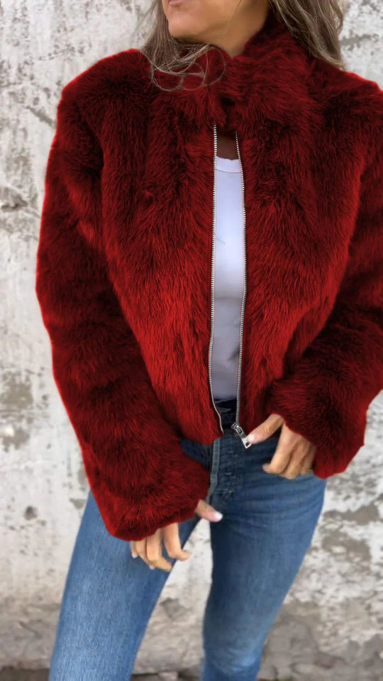 Damen kuschelige und modische Fleecejacke mit Stehkragen und Reißverschluss R&B