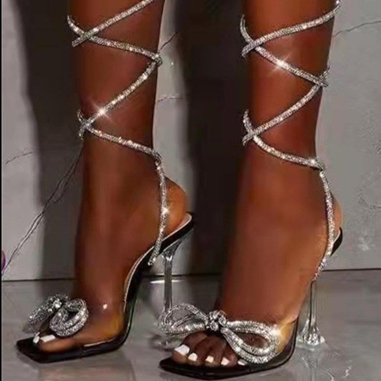 Damen Durchsichtige Absatzsandalen mit funkelndem Riemendesign und Schleifenakzent R&B