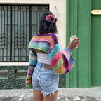 Damen Strickpullover im bunten Design mit weiten Ärmeln R&B