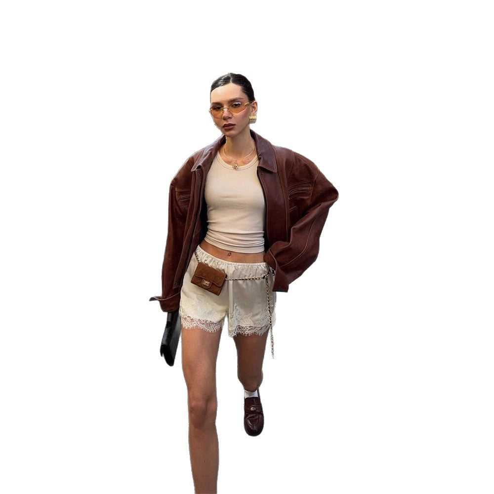 Damen lässige Kunstlederjacke im Oversized-Stil R&B