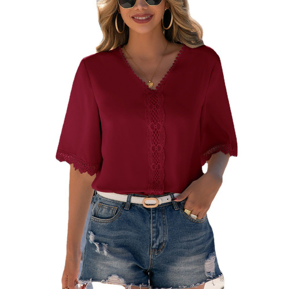 Damen elegante Bluse mit Spitzenbesatz und V-Ausschnitt R&B