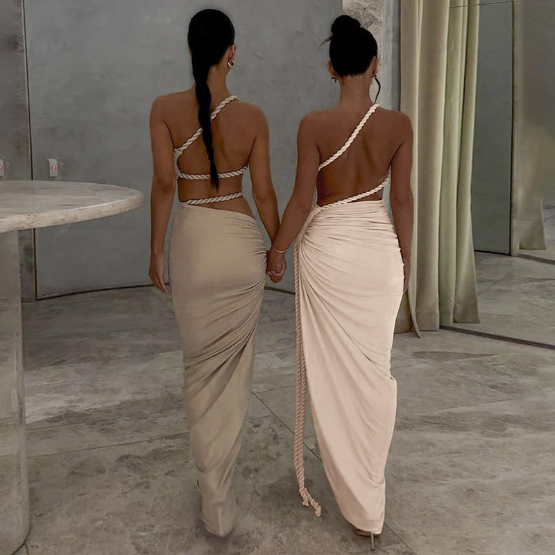 Damen Elegantes, einseitiges Maxikleid mit raffinierten Drapierungen R&B