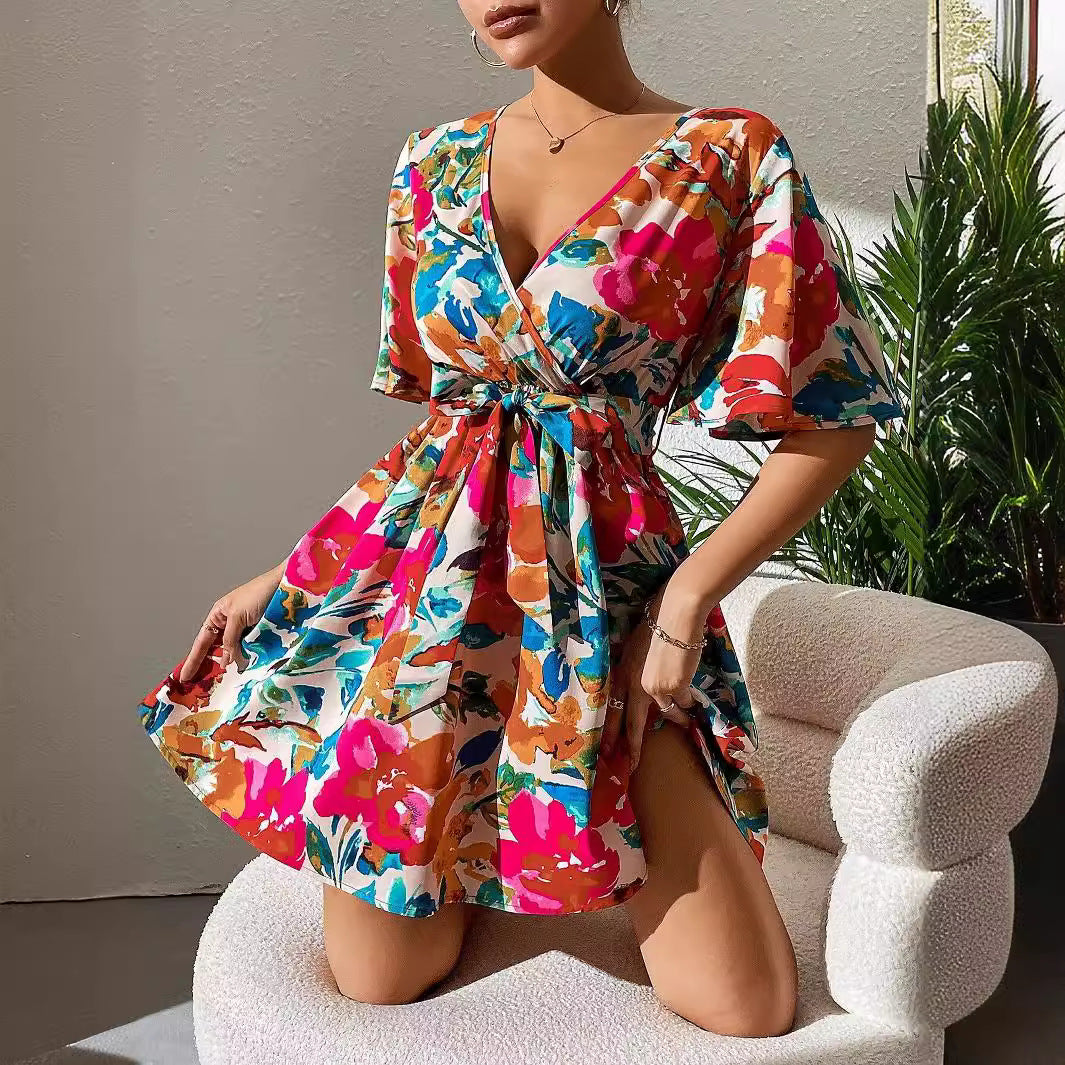 Damen Wickelkleid mit floralem Muster und Taillenknoten R&B