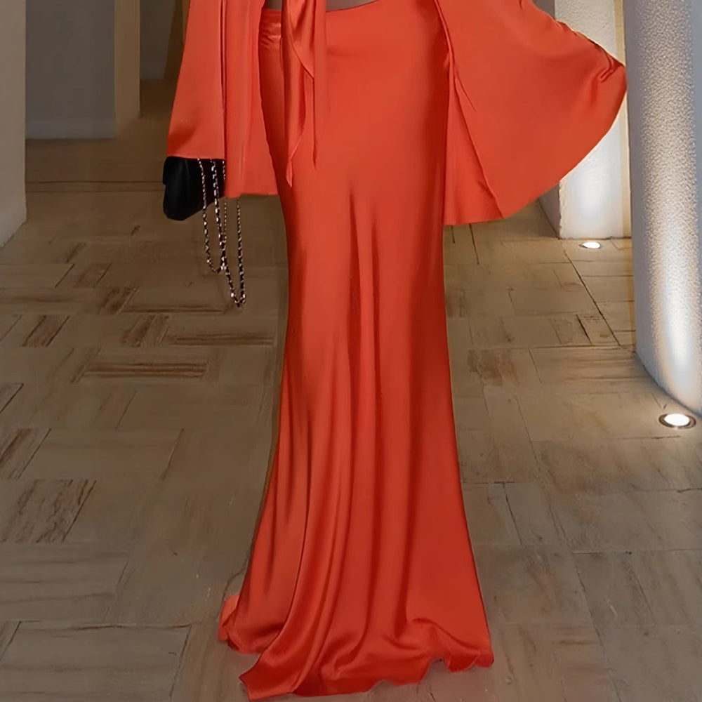 Damen Elegantes Maxikleid mit ausgestellten Ärmeln und tiefem V-Ausschnitt R&B
