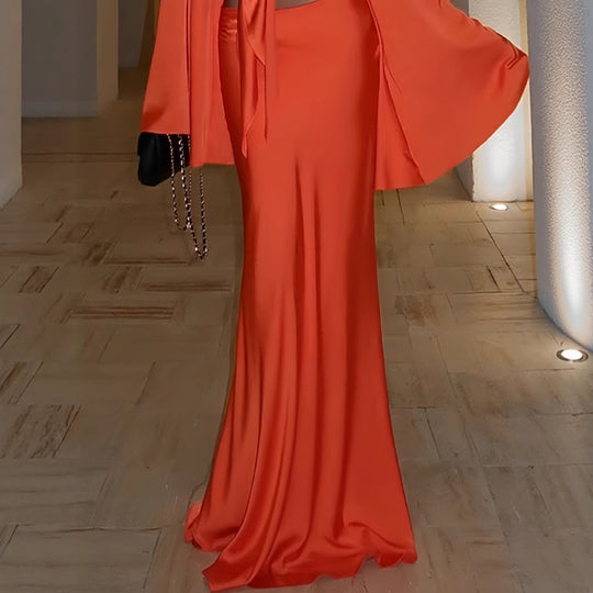 Damen Elegantes Maxikleid mit ausgestellten Ärmeln und tiefem V-Ausschnitt R&B
