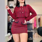 Damen modisches Ensemble mit kariertem Design und tiefem Kragen R&B