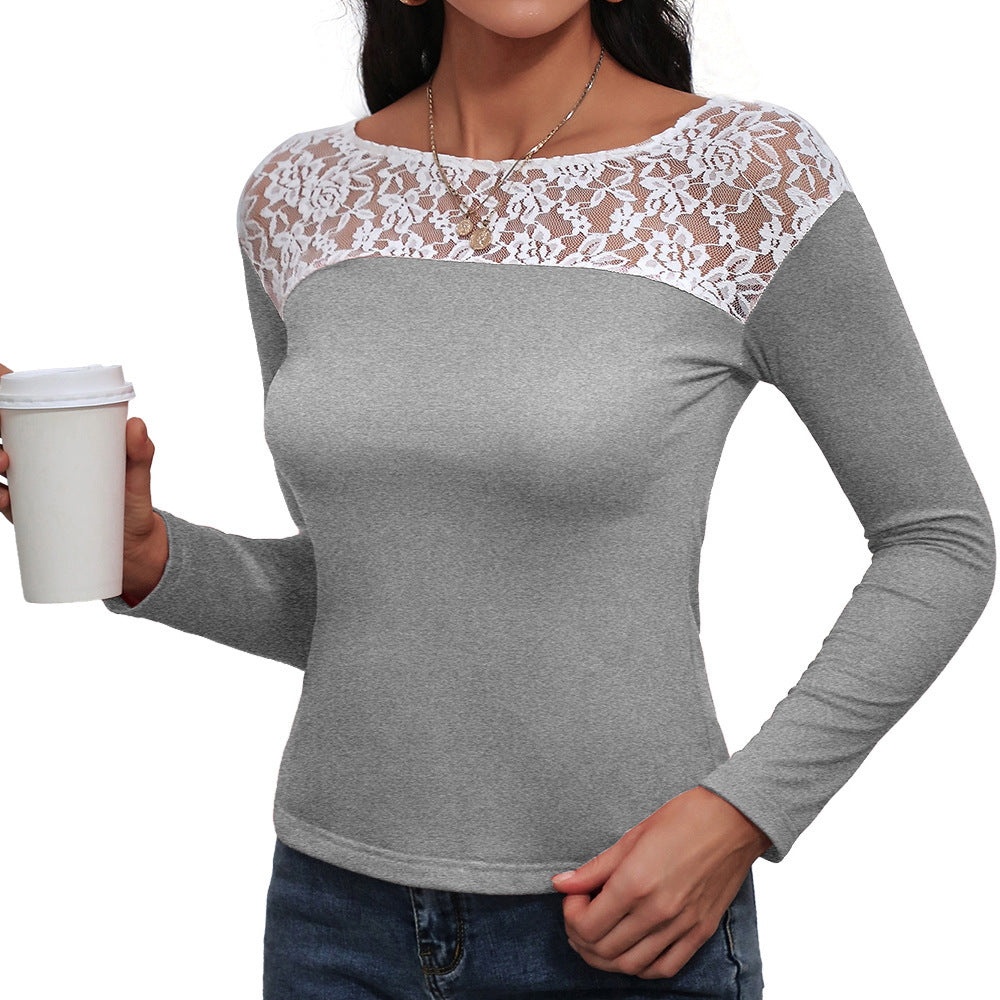Damen elegantes Langarmshirt mit floralen Spitzendetails R&B