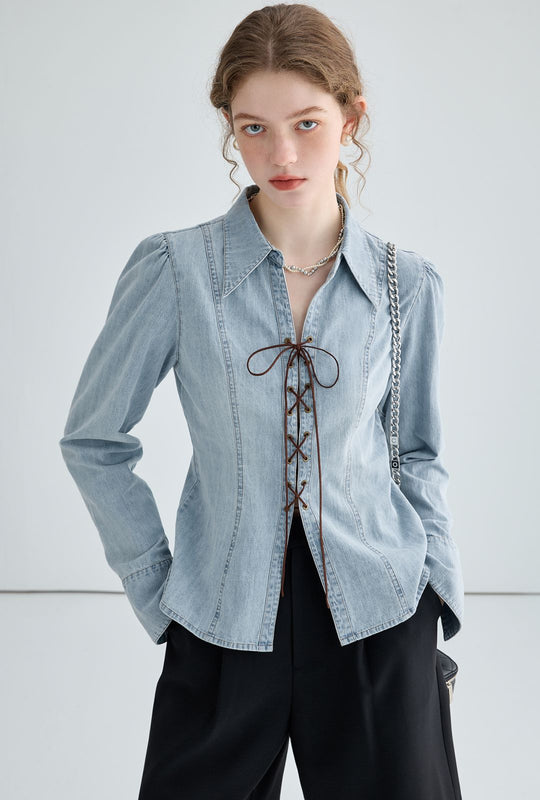 Damen Jeansbluse mit verspielten Schnürdetails und elegantem Schnitt R&B