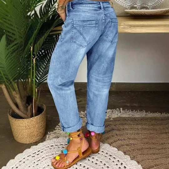 Damen Boyfriend Jeans mit Knopfverschluss und Distressed-Details R&B