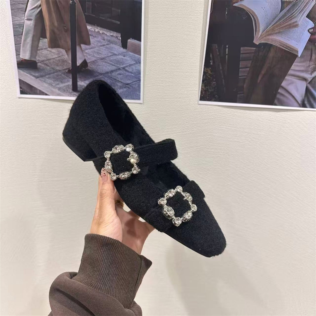 Damen elegante Filz-Mary Jane Schuhe mit schimmernden Schnallen R&B