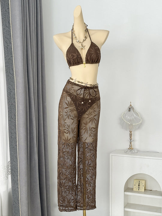 Damen Netz-Bikini-Set mit elegantem Oberteil und transparenten Palazzohosen R&B