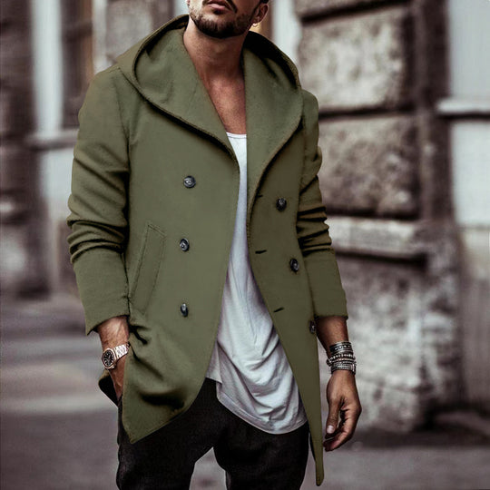 Herren stylischer Hoodie-Mantel mit doppelter Knopfreihe und weitem Kragen R&B