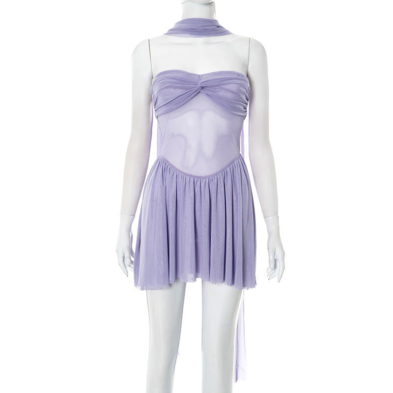 Damen elegantes Wickelkleid mit zarten Rüschendetails und trägerlosem Design R&B