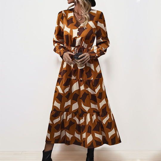 Damen Maxikleid mit dekorativem Bindegürtel und voluminösen Ärmeln R&B