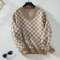 Damen lässiger V-Ausschnitt Pullover mit Karo-Muster und lockerer Passform